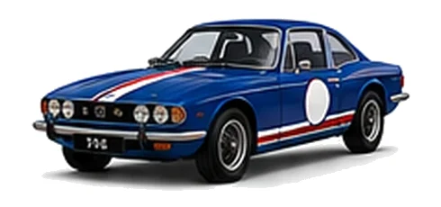 Triumph Stag in Sapphire Blue with red, white and blue racing stripes and a white door roundel, front three-quarter view on a white background.