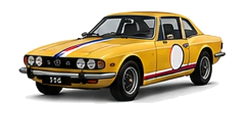 Triumph Stag in Inca Yellow with red, white and blue racing stripes and a white door roundel, front three-quarter view on a white background.
