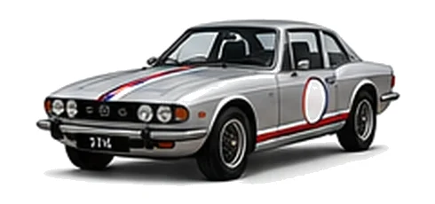 Triumph Stag in Silver Frost with red, white and blue racing stripes and a white door roundel, front three-quarter view on a white background.