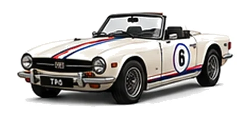 Triumph TR6 in Old English White with red, white and blue racing stripes and a white door roundel, front three-quarter view on a white background.