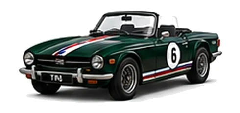 Triumph TR6 in British Racing Green with red, white and blue racing stripes and a white door roundel, front three-quarter view on a white background.