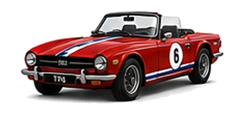 Triumph TR6 in Signal Red with red, white and blue racing stripes and a white door roundel, front three-quarter view on a white background.