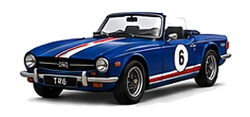 Triumph TR6 in Sapphire Blue with red, white and blue racing stripes and a white door roundel, front three-quarter view on a white background.