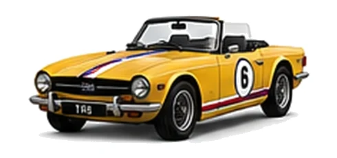 Triumph TR6 in Inca Yellow with red, white and blue racing stripes and a white door roundel, front three-quarter view on a white background.