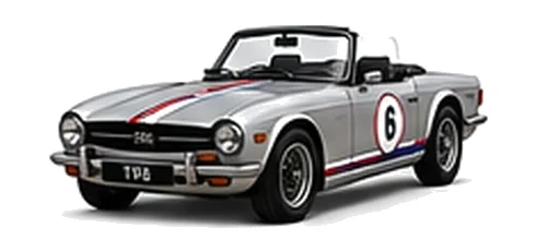 Triumph TR6 in Silver Frost with red, white and blue racing stripes and a white door roundel, front three-quarter view on a white background.