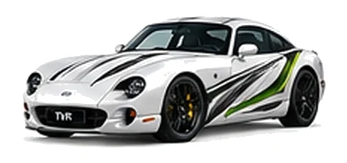 TVR Cerbera in Arctic White with sweeping contrasting vinyl side graphics, front three-quarter view on a white background.
