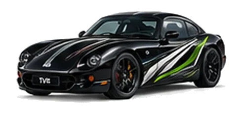 TVR Cerbera in Starmist Black with sweeping contrasting vinyl side graphics, front three-quarter view on a white background.