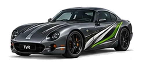 TVR Cerbera in Gunmetal Grey with sweeping contrasting vinyl side graphics, front three-quarter view on a white background.