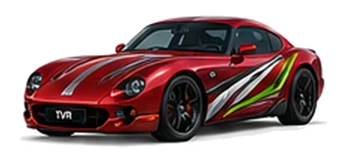 TVR Cerbera in Rosso Pearl with sweeping contrasting vinyl side graphics, front three-quarter view on a white background.