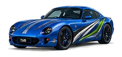 TVR Cerbera in Cascade Blue with sweeping contrasting vinyl side graphics, front three-quarter view on a white background.