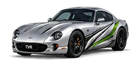 TVR Cerbera in Titanium Silver with sweeping contrasting vinyl side graphics, front three-quarter view on a white background.
