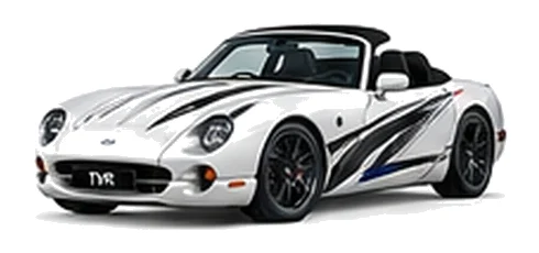 TVR Chimaera in Arctic White with sweeping contrasting vinyl side graphics, front three-quarter view on a white background.
