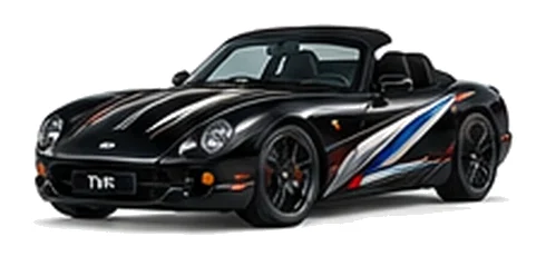 TVR Chimaera in Starmist Black with sweeping contrasting vinyl side graphics, front three-quarter view on a white background.