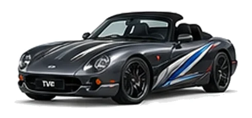 TVR Chimaera in Gunmetal Grey with sweeping contrasting vinyl side graphics, front three-quarter view on a white background.