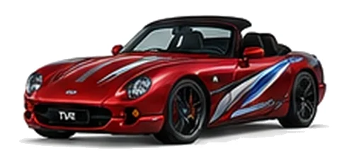 TVR Chimaera in Rosso Pearl with sweeping contrasting vinyl side graphics, front three-quarter view on a white background.