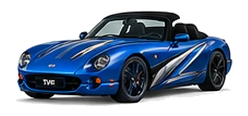 TVR Chimaera in Cascade Blue with sweeping contrasting vinyl side graphics, front three-quarter view on a white background.