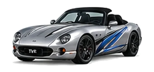TVR Chimaera in Titanium Silver with sweeping contrasting vinyl side graphics, front three-quarter view on a white background.