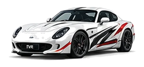 TVR Griffith in Arctic White with sweeping contrasting vinyl side graphics, front three-quarter view on a white background.