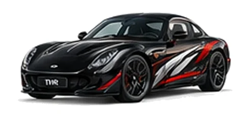 TVR Griffith in Starmist Black with sweeping contrasting vinyl side graphics, front three-quarter view on a white background.