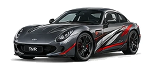 TVR Griffith in Gunmetal Grey with sweeping contrasting vinyl side graphics, front three-quarter view on a white background.