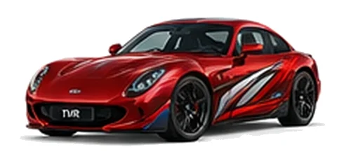 TVR Griffith in Rosso Pearl with sweeping contrasting vinyl side graphics, front three-quarter view on a white background.