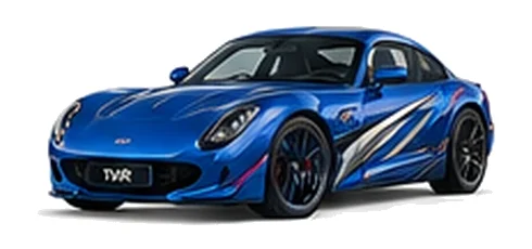 TVR Griffith in Cascade Blue with sweeping contrasting vinyl side graphics, front three-quarter view on a white background.