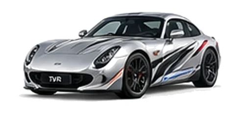 TVR Griffith in Titanium Silver with sweeping contrasting vinyl side graphics, front three-quarter view on a white background.