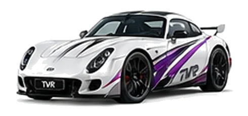 TVR Sagaris in Arctic White with sweeping contrasting vinyl side graphics, front three-quarter view on a white background.
