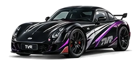 TVR Sagaris in Starmist Black with sweeping contrasting vinyl side graphics, front three-quarter view on a white background.