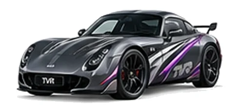 TVR Sagaris in Gunmetal Grey with sweeping contrasting vinyl side graphics, front three-quarter view on a white background.