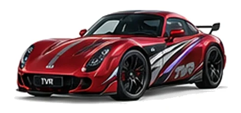 TVR Sagaris in Rosso Pearl with sweeping contrasting vinyl side graphics, front three-quarter view on a white background.