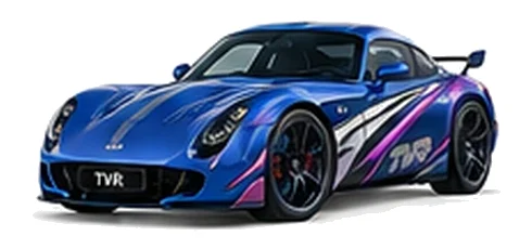 TVR Sagaris in Cascade Blue with sweeping contrasting vinyl side graphics, front three-quarter view on a white background.