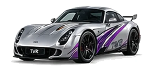 TVR Sagaris in Titanium Silver with sweeping contrasting vinyl side graphics, front three-quarter view on a white background.