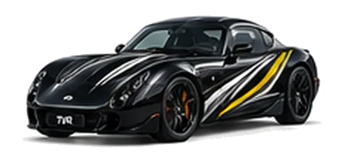TVR Tuscan in Starmist Black with sweeping contrasting vinyl side graphics, front three-quarter view on a white background.