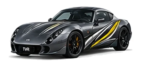 TVR Tuscan in Gunmetal Grey with sweeping contrasting vinyl side graphics, front three-quarter view on a white background.
