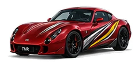 TVR Tuscan in Rosso Pearl with sweeping contrasting vinyl side graphics, front three-quarter view on a white background.