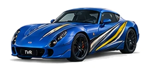 TVR Tuscan in Cascade Blue with sweeping contrasting vinyl side graphics, front three-quarter view on a white background.