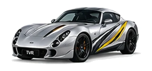 TVR Tuscan in Titanium Silver with sweeping contrasting vinyl side graphics, front three-quarter view on a white background.