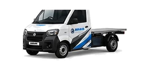 Aixam Chassis Cab in white with custom van vinyl graphics, front three-quarter view.