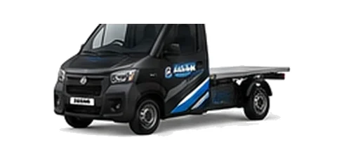 Aixam Chassis Cab in black with custom van vinyl graphics, front three-quarter view.