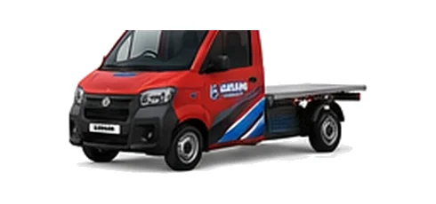 Aixam Chassis Cab in red with custom van vinyl graphics, front three-quarter view.