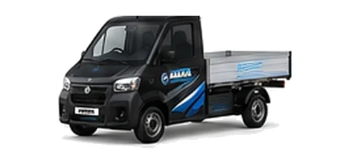 Aixam D-Truck Dropside in black with custom van vinyl graphics, front three-quarter view.