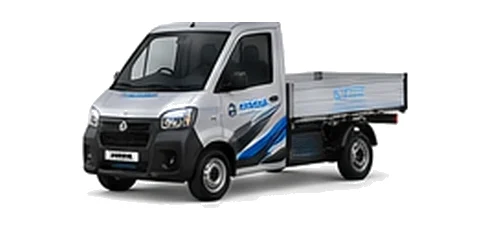 Aixam D-Truck Dropside in silver with custom van vinyl graphics, front three-quarter view.