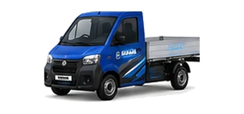 Aixam D-Truck Dropside in blue with custom van vinyl graphics, front three-quarter view.