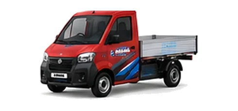 Aixam D-Truck Dropside in red with custom van vinyl graphics, front three-quarter view.