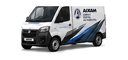 Aixam D-Truck Van in white with custom van vinyl graphics, front three-quarter view.