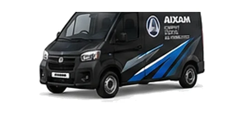 Aixam D-Truck Van in black with custom van vinyl graphics, front three-quarter view.