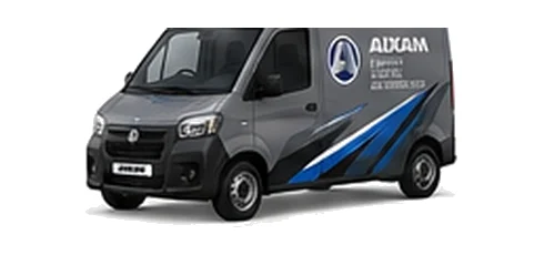 Aixam D-Truck Van in grey with custom van vinyl graphics, front three-quarter view.