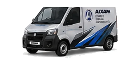 Aixam D-Truck Van in silver with custom van vinyl graphics, front three-quarter view.