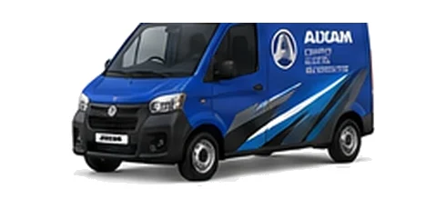 Aixam D-Truck Van in blue with custom van vinyl graphics, front three-quarter view.